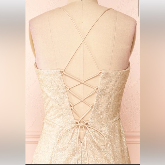 Cinderella Divine Champagne Sparkly Corset Dress with High Leg Slit - Picture 4 of 7